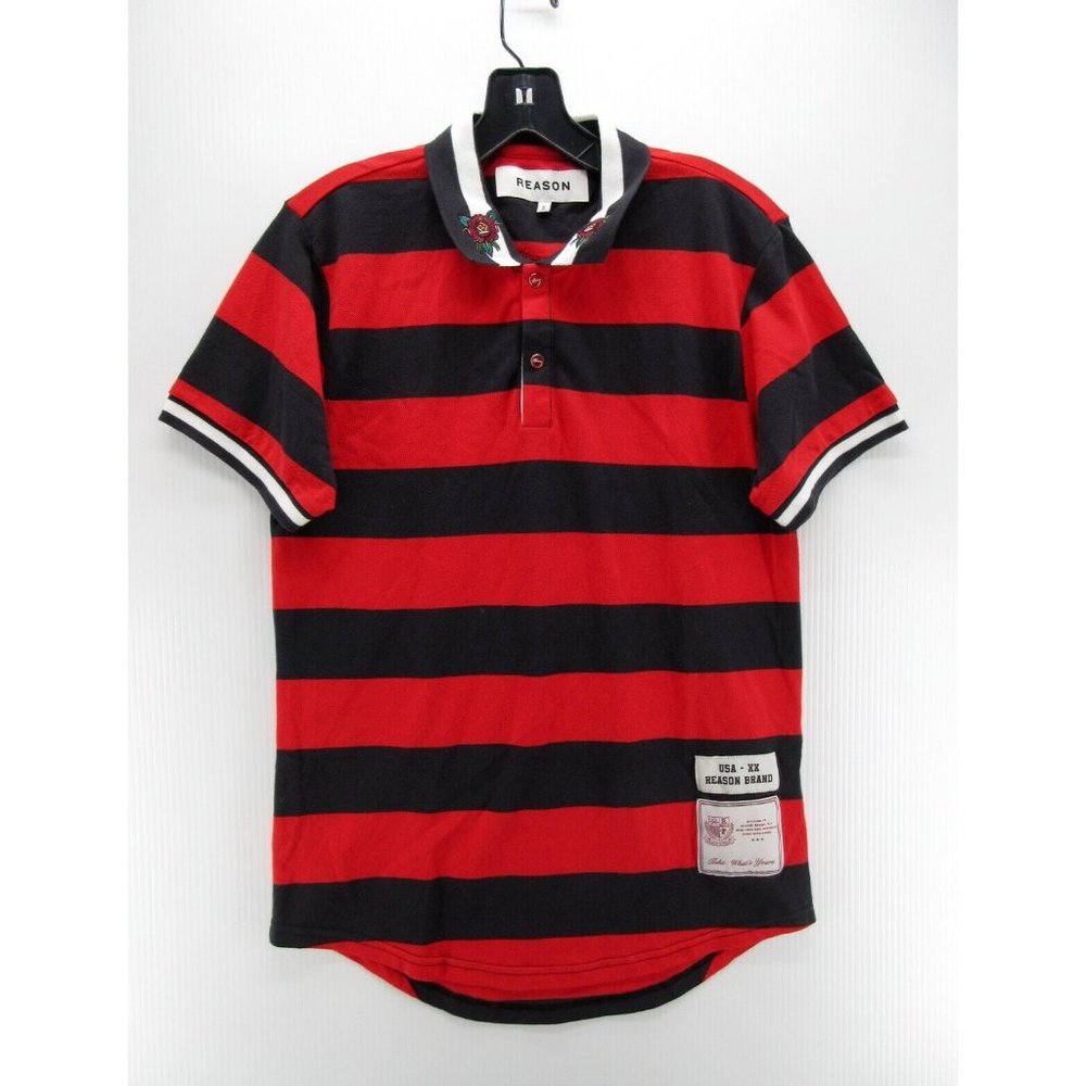 Reason Polo Shirt Small Red Pullover Golf Color Block Striped Rugby